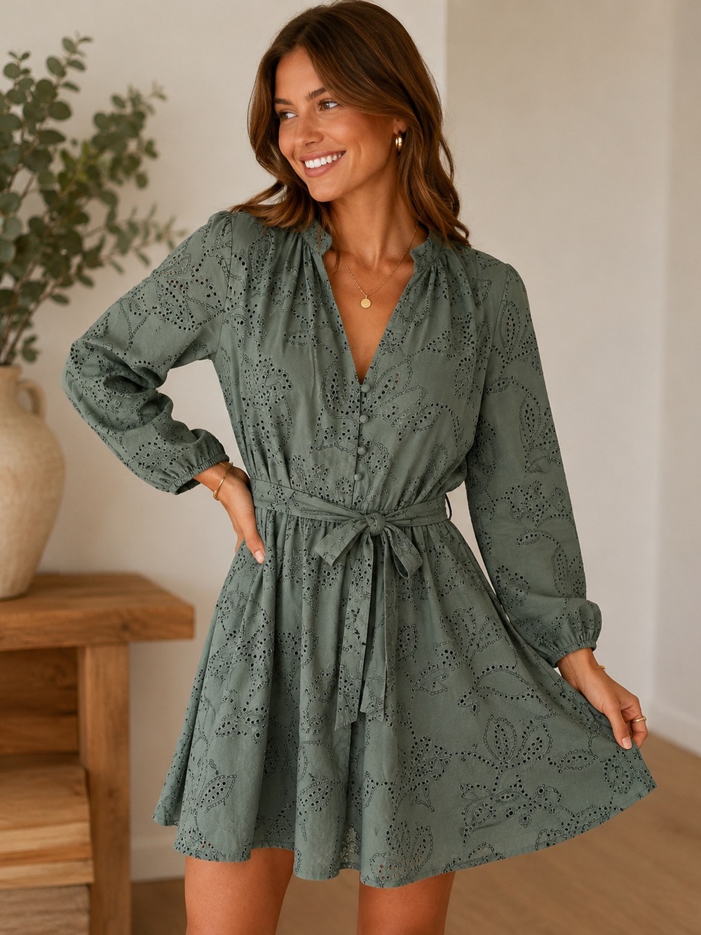 Zara Olive Green Eyelet Tie-Waist Tunic Dress NEVER WORN